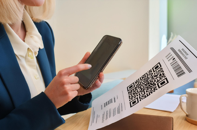 Woman scanning QR code with her phone